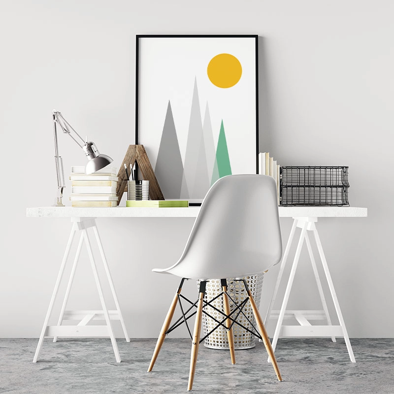Grey and green mountain hills triangles with yellow sun Scandinavian Nordic style minimalist free wall art, digital print