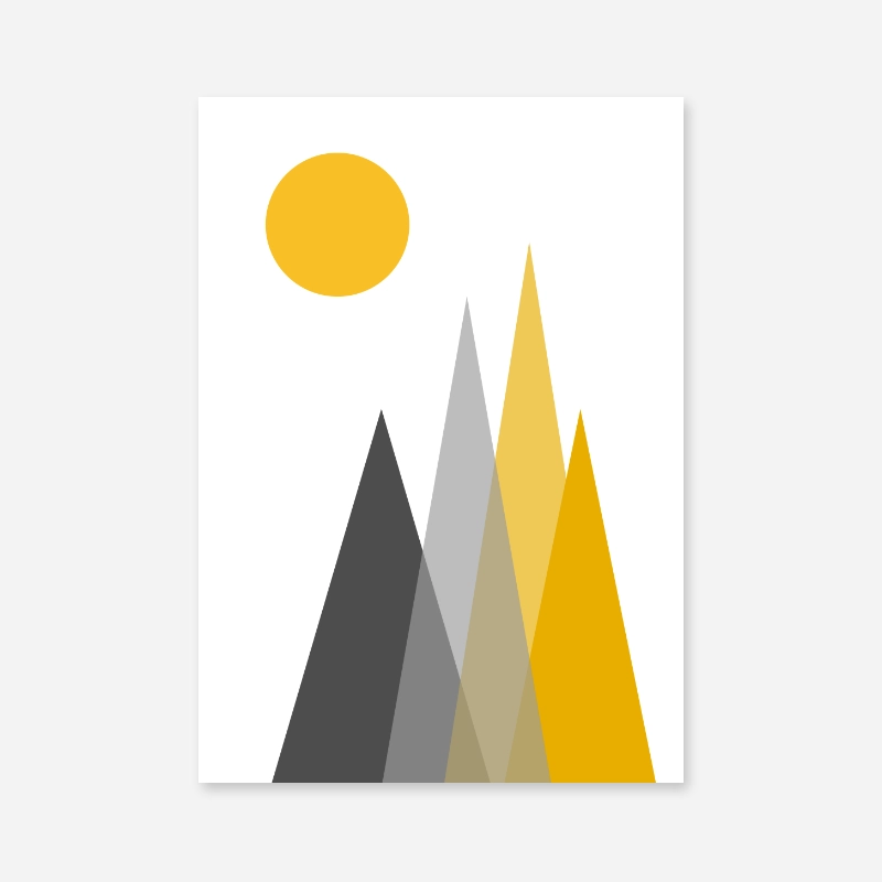 Grey and yellow triangle mountain hills with sun circle Scandinavian Nordic style minimalist free wall art, digital print
