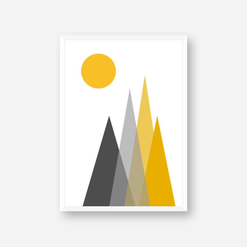 Grey and yellow triangle mountain hills with sun circle Scandinavian Nordic style minimalist free wall art, digital print