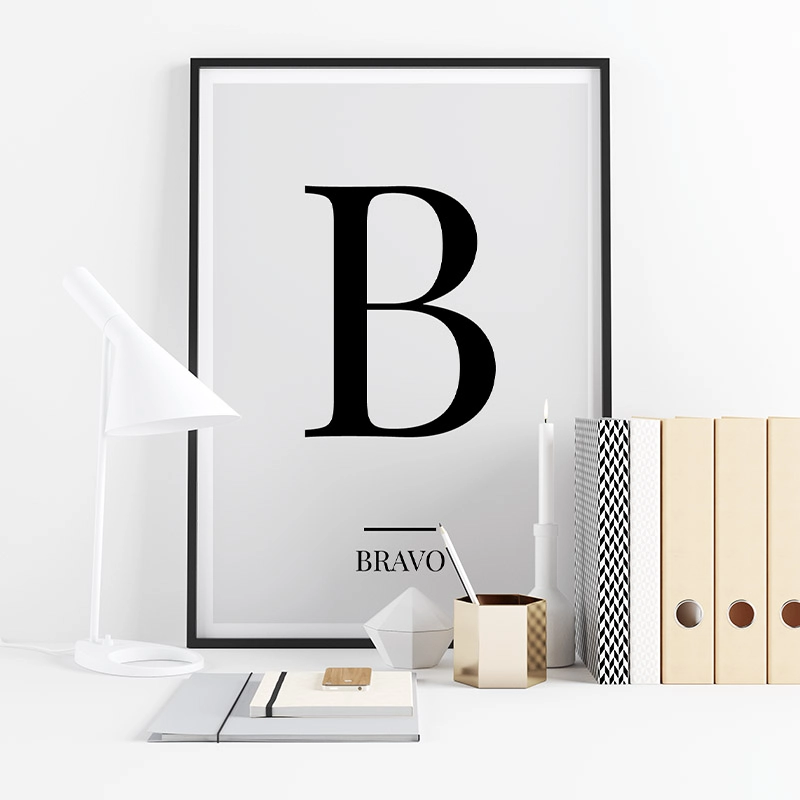 Black letter B (Bravo) NATO phonetic alphabet minimalist free printable wall art, digital print
