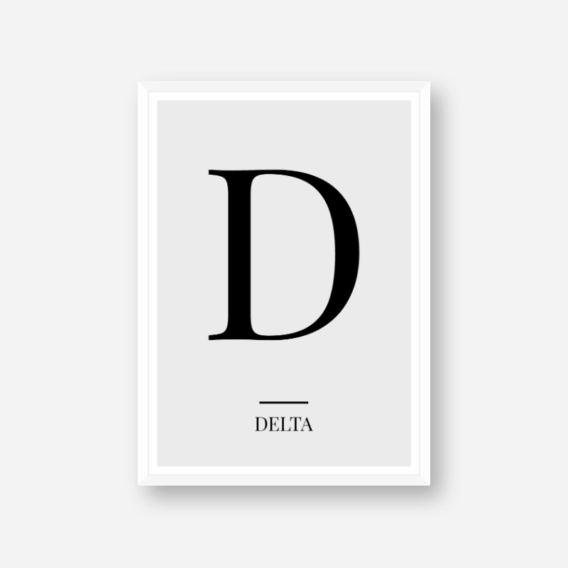 Black letter D (Delta) NATO phonetic alphabet minimalist free printable wall art, digital print