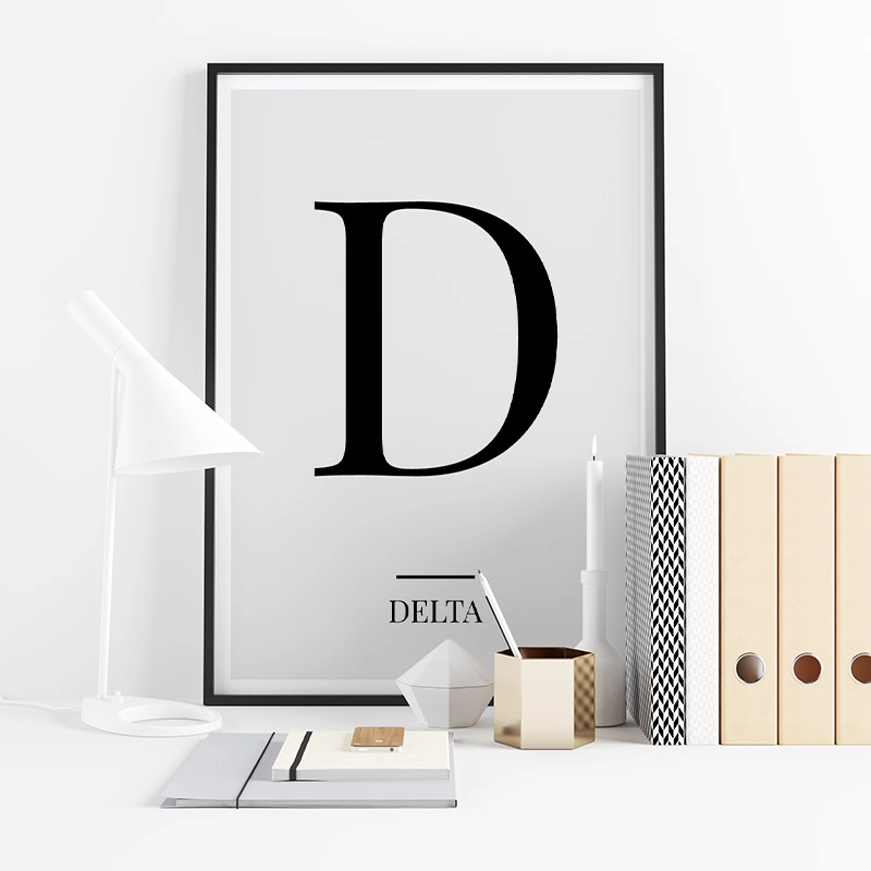 Black letter D (Delta) NATO phonetic alphabet minimalist free printable wall art, digital print