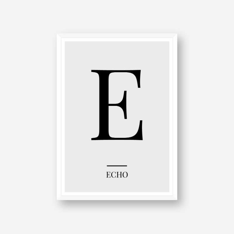 Black letter E (Echo) NATO phonetic alphabet minimalist free printable wall art, digital print
