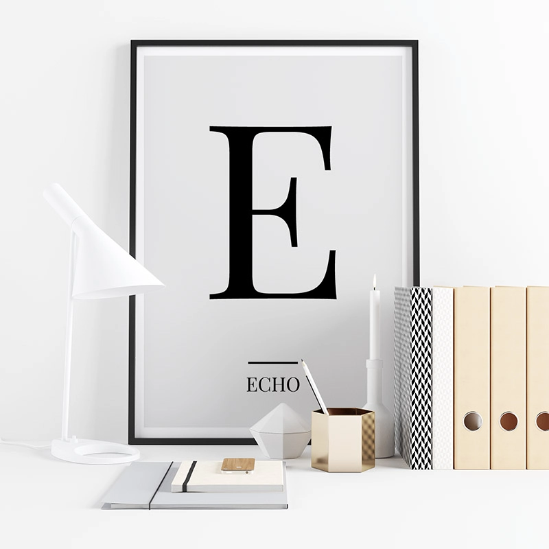 Black letter E (Echo) NATO phonetic alphabet minimalist free printable wall art, digital print