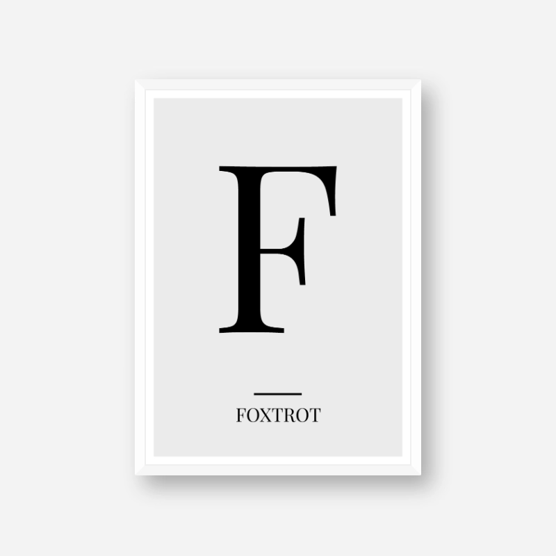 Black letter F (Foxtrot) NATO phonetic alphabet minimalist free printable wall art, digital print