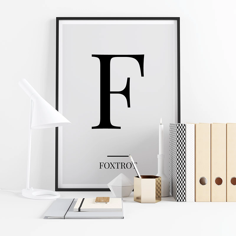 Black letter F (Foxtrot) NATO phonetic alphabet minimalist free printable wall art, digital print