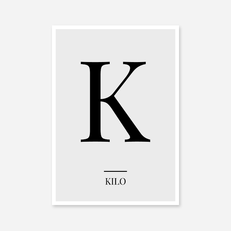 Black letter K (Kilo) NATO phonetic alphabet minimalist free printable wall art, digital print