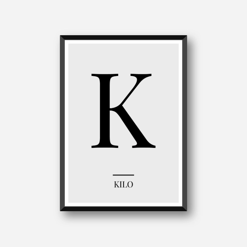 Black letter K (Kilo) NATO phonetic alphabet minimalist free printable wall art, digital print