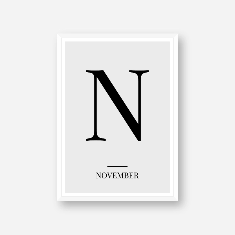 Black letter N (November) NATO phonetic alphabet minimalist free printable wall art, digital print