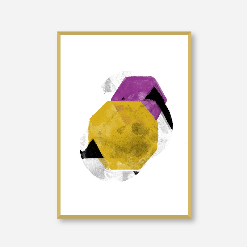 Black grey yellow and purple abstract design with polygons watercolour minimalist downloadable wall art, digital print