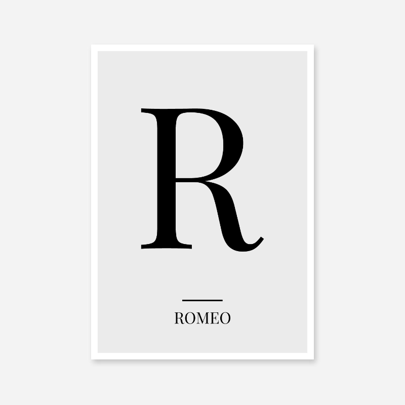 Black letter R (Romeo) NATO phonetic alphabet minimalist free printable wall art, digital print