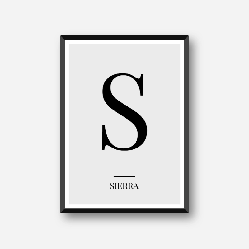 Black letter S (Sierra) NATO phonetic alphabet minimalist free printable wall art, digital print