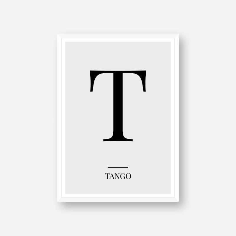 Black letter T (Tango) NATO phonetic alphabet minimalist free printable wall art, digital print