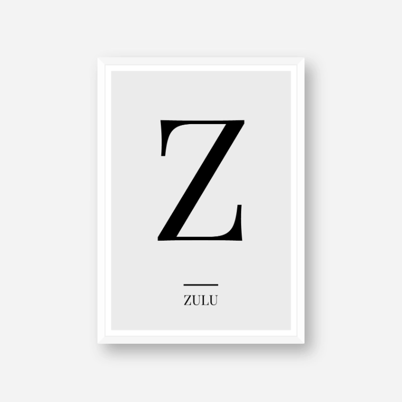 Black letter Z (Zulu) NATO phonetic alphabet minimalist free printable wall art, digital print