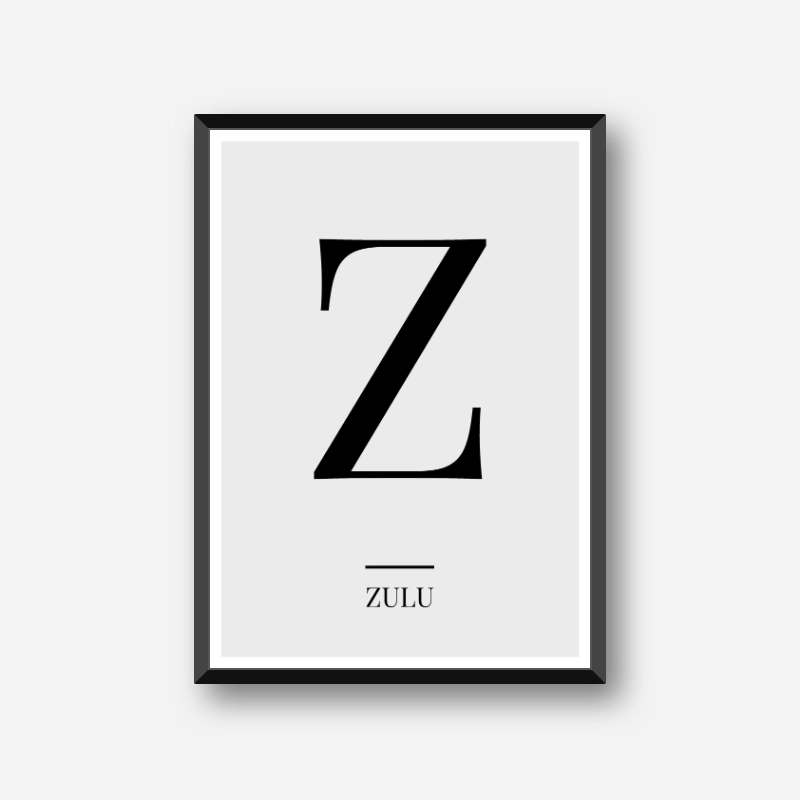 Black letter Z (Zulu) NATO phonetic alphabet minimalist free printable wall art, digital print