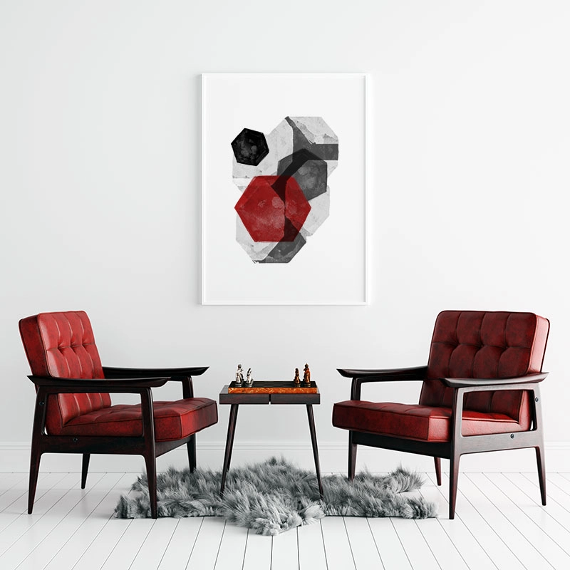 Black grey and red abstract design with polygons watercolour minimalist Scandinavian downloadable wall art, digital print