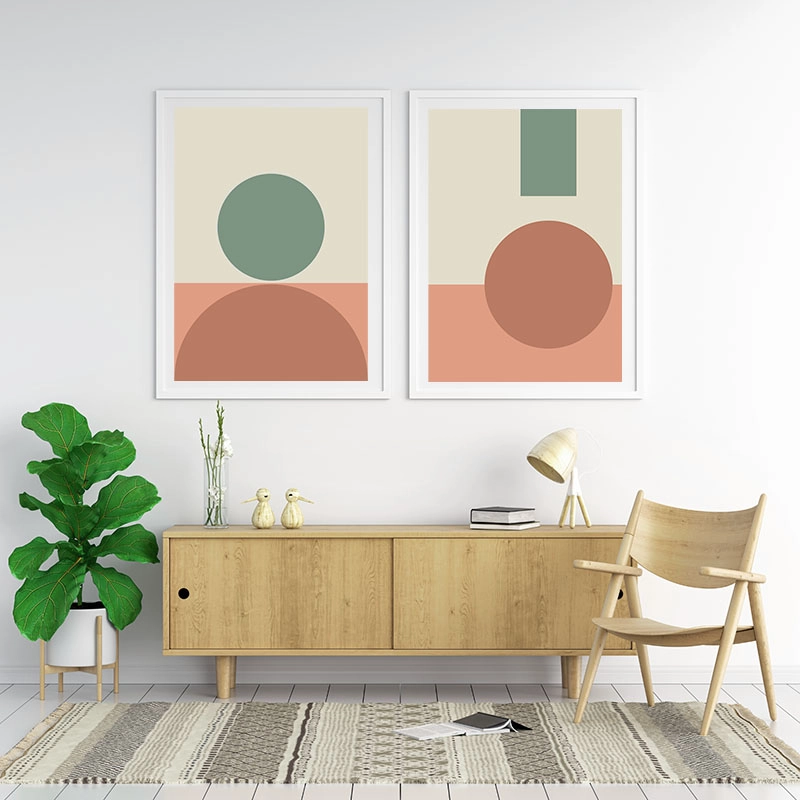 Light red and green coloured geometric shapes minimalist printable wall art, digital print