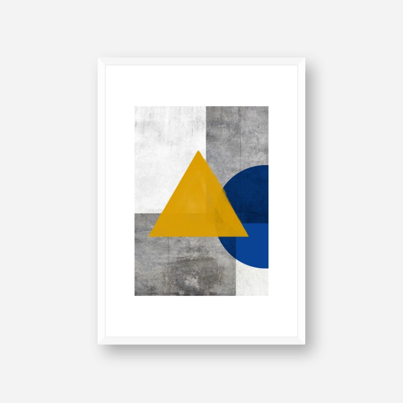 Abstract grey concrete wall with dark yellow watercolour triangle and half blue circle free printable wall art, digital print