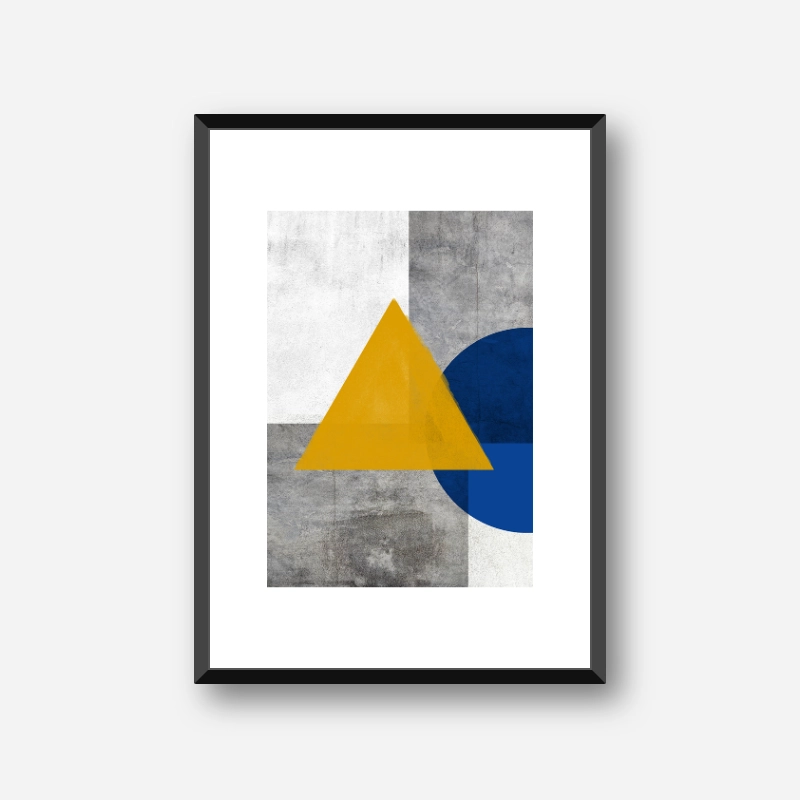 Abstract grey concrete wall with dark yellow watercolour triangle and half blue circle free printable wall art, digital print