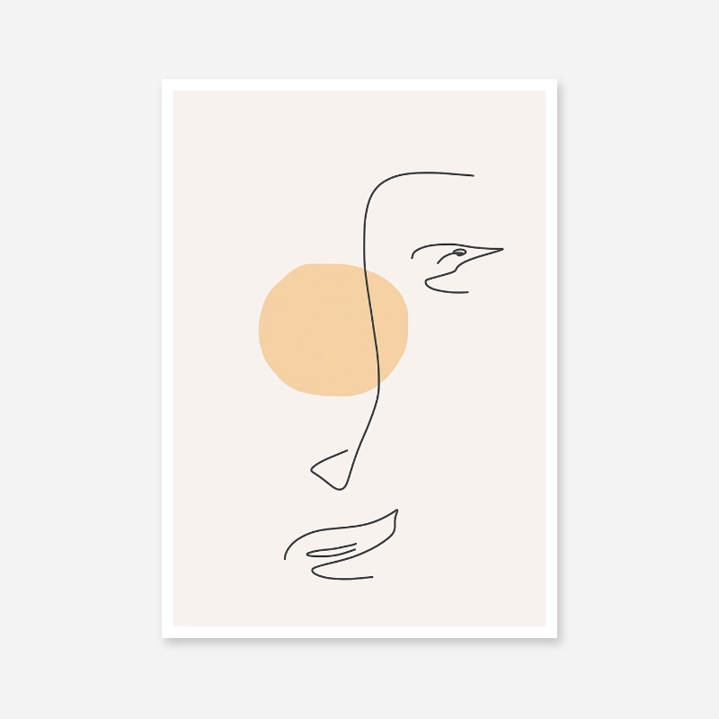 One line female face drawing with light orange peach coloured blob minimalist design free printable wall art, digital print