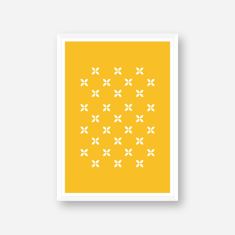 White geometric flower patterns with yellow background free downloadable printable wall art design, digital print