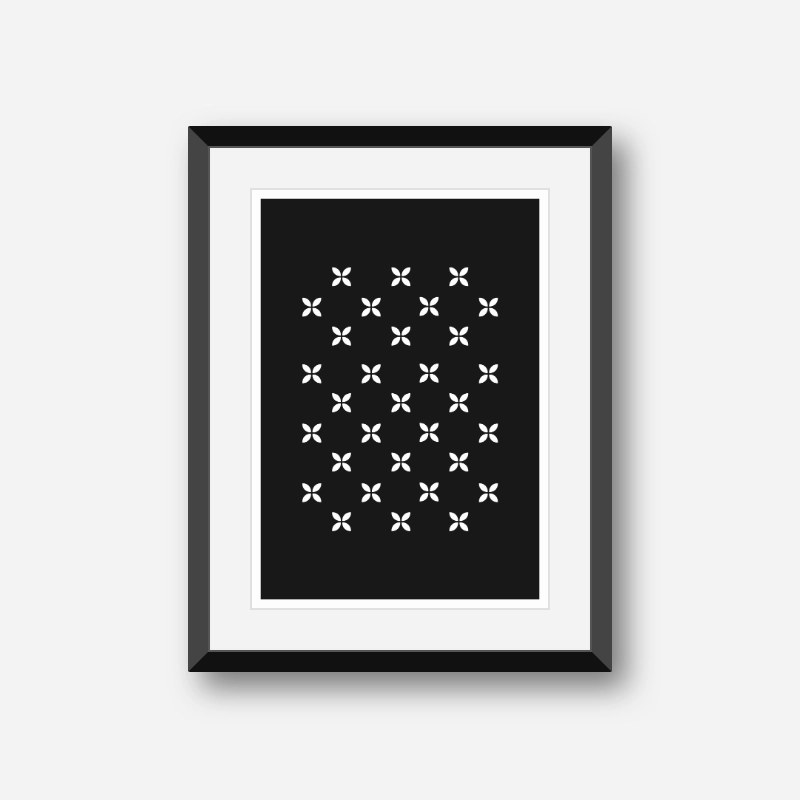 White geometric flower patterns with black background free downloadable printable wall art design, digital print