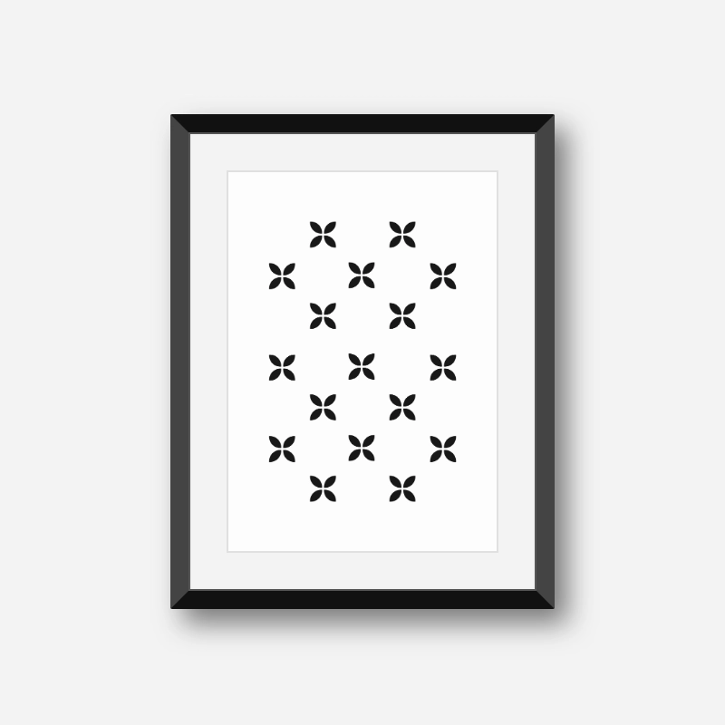 Black geometric flower patterns with white background free downloadable printable wall art design, digital print