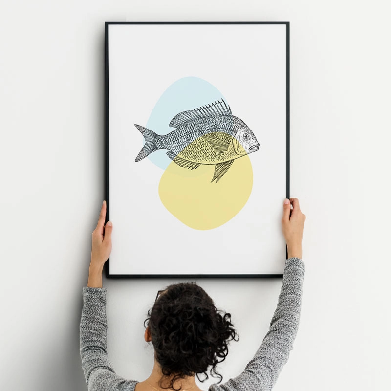 Fish on light yellow and blue blobs Nordic Scandinavian style design free downloadable printable wall art, digital print