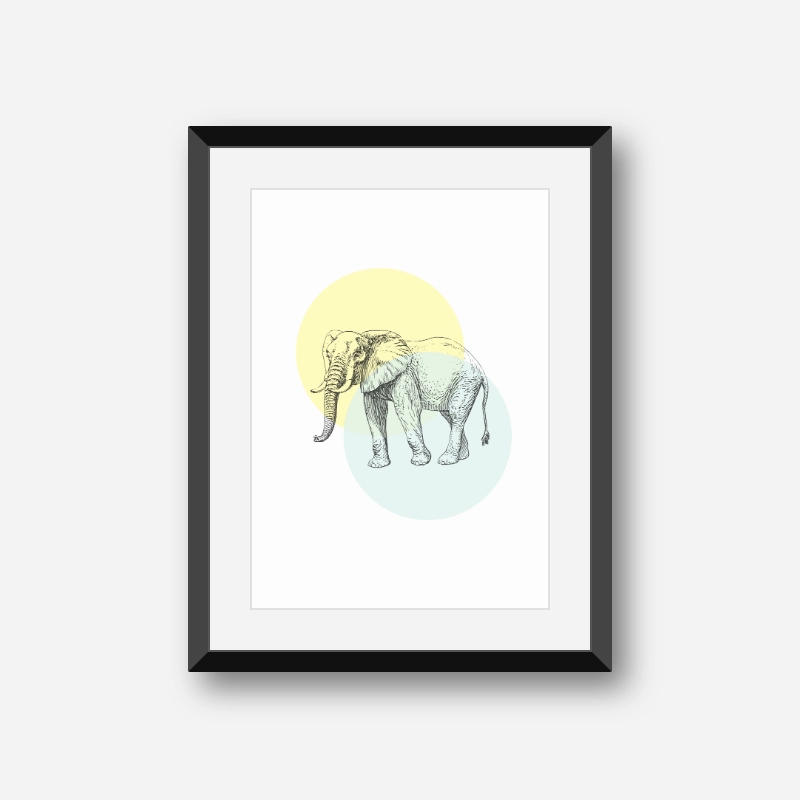 Elephant with light yellow and blue circles Nordic Scandinavian style design free printable wall art, digital print