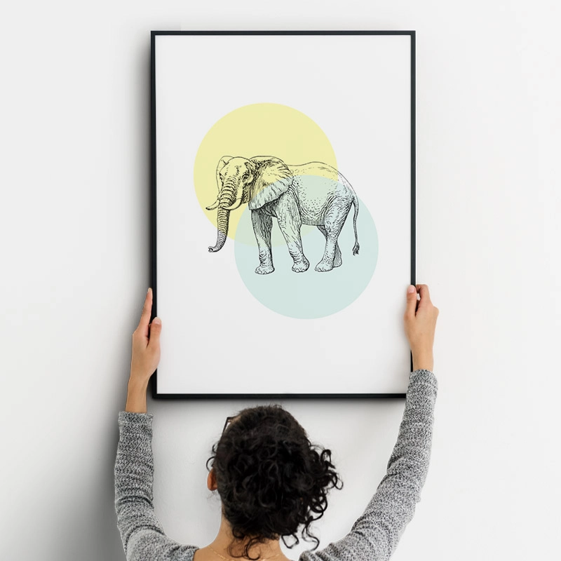 Elephant with light yellow and blue circles Nordic Scandinavian style design free printable wall art, digital print