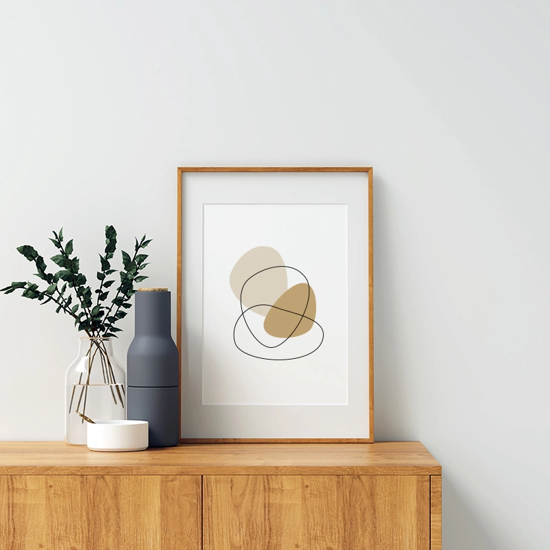 Minimalist modern brown beige abstract shapes with black fine outlines free downloadable printable wall art, digital print