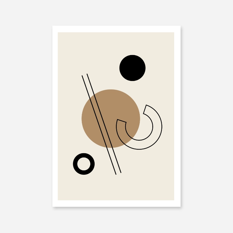 Geometric black circle lines half circle shapes with brown cream beige background minimalist modern downloadable printable wall art, digital print