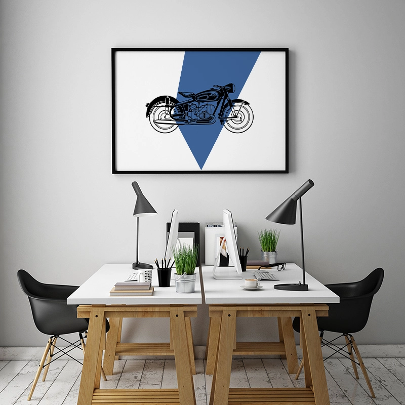 Vintage motorcycle with blue and white background scalable free art print
