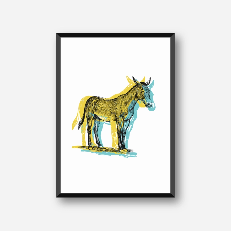 Black horse with yellow and light teal coloured shadow background scalable free wall art, digital print