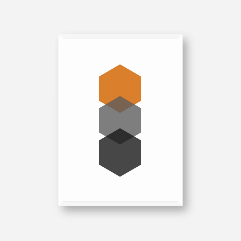 Black, grey and orange hexagons minimalist Scandinavian nordic style scalable free wall art, digital print