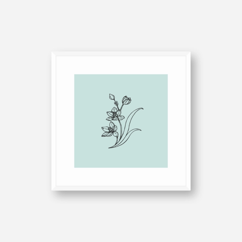 Black flower plant drawing with light teal greenish blue background design to print at home , digital print