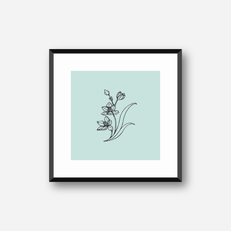 Black flower plant drawing with light teal greenish blue background design to print at home , digital print