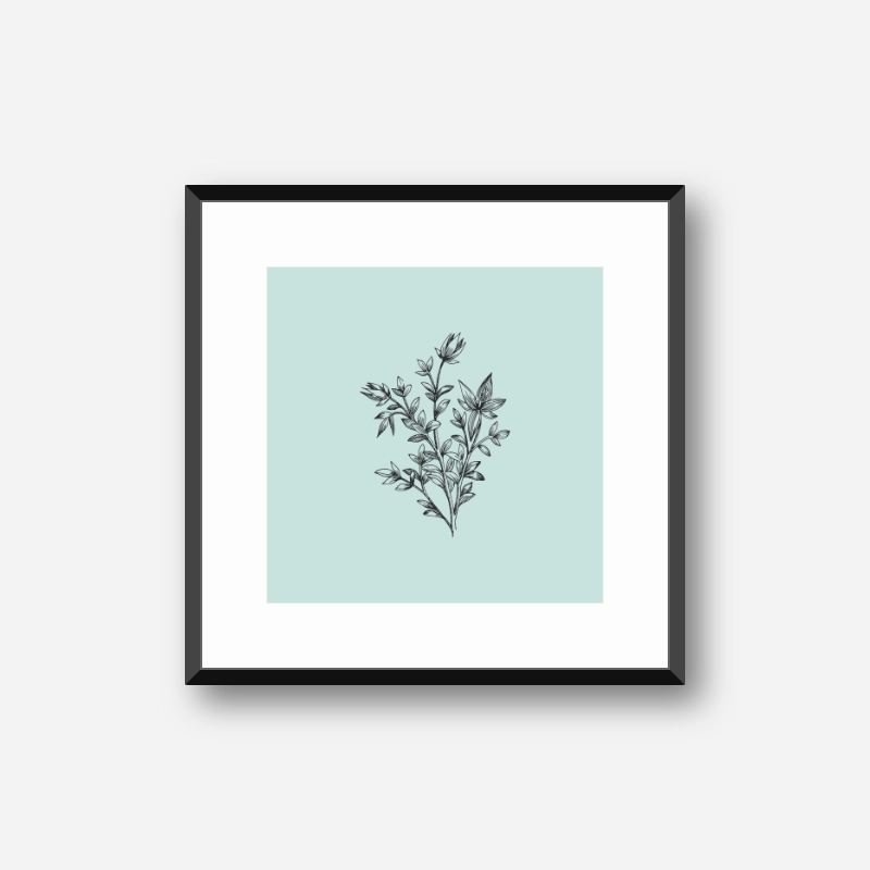 Black flower plant line drawing with light teal background design to print at home , digital print