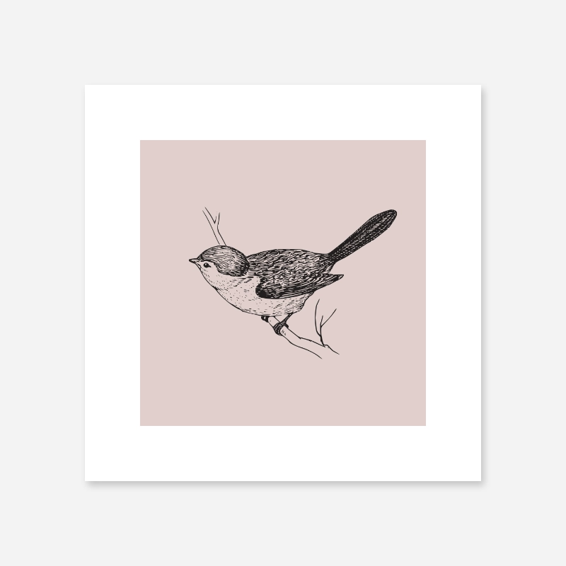 Bird on tree branch drawing with misty rose red background free printable design, digital print