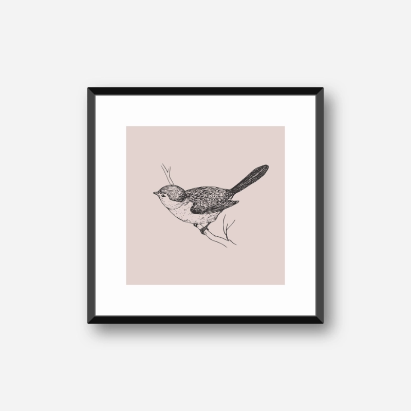 Bird on tree branch drawing with misty rose red background free printable design, digital print