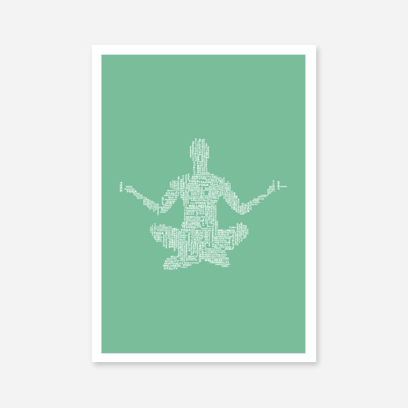 Meditation yoga relax exercise peace and other words in a meditating person shape scalable printable design, digital print