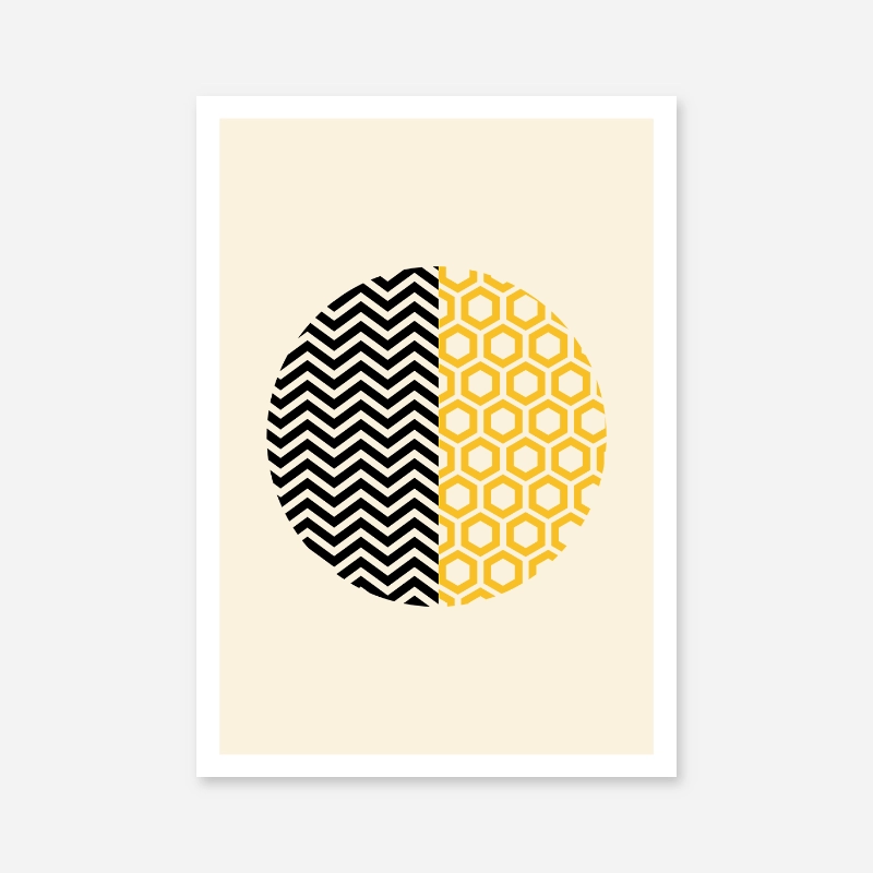 Black and yellow wave and hive shaped circle minimalist printable wall art, digital print