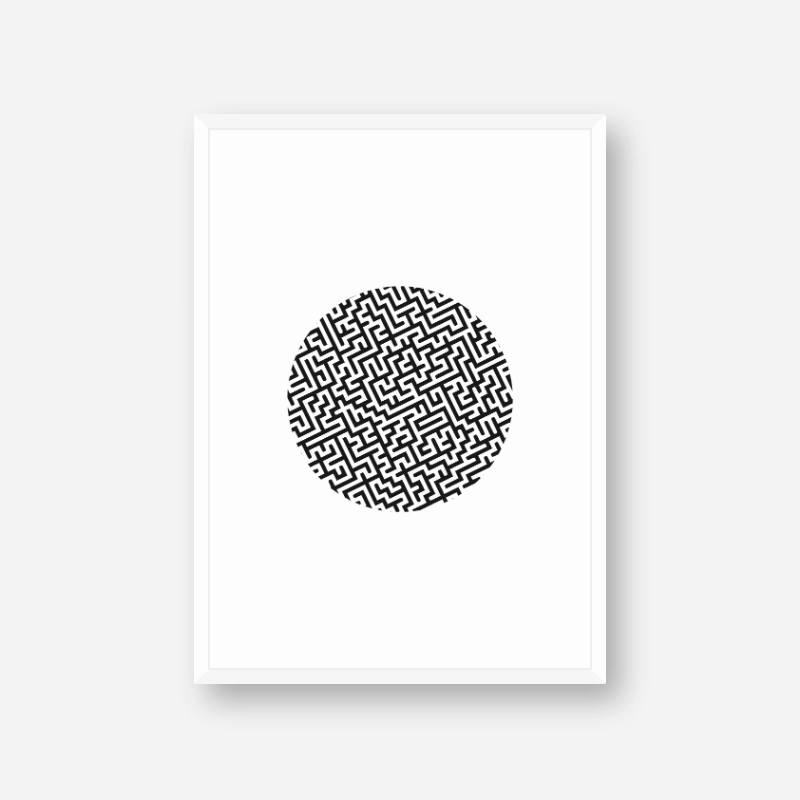 Black maze in circle geometric minimalist Scandinavian nordic style printable wall art, digital print