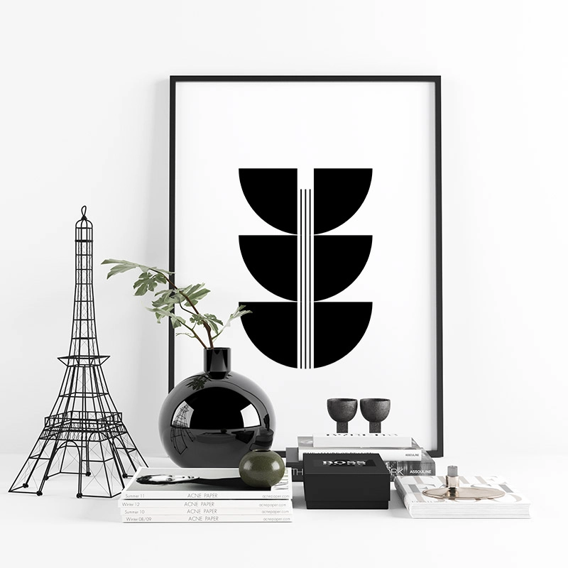 Mid-century modern style black and white abstract shapes minimalist downloadable free wall art design, digital print