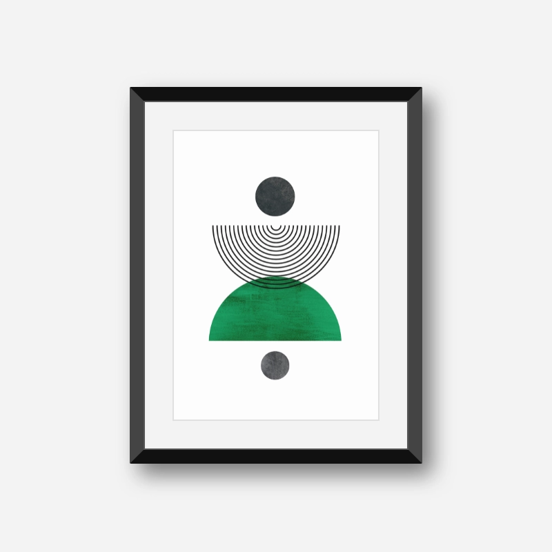 Mid-century style rainbow circle abstract digital art print with grey and green colours