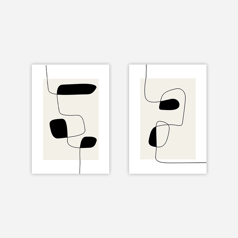 Black random line with abstract shapes beige neutral background minimalist set of two art print