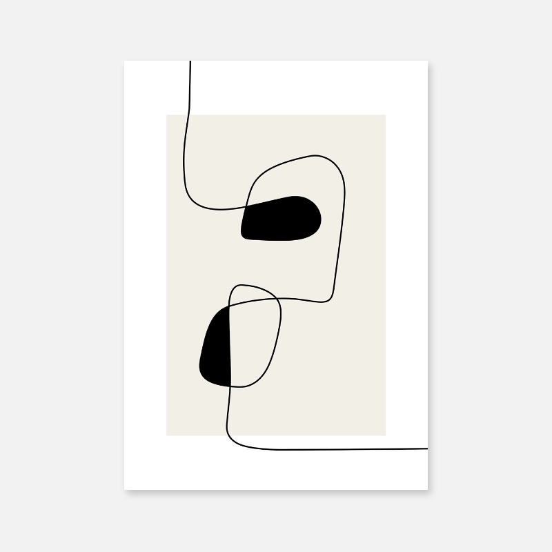 Random wiggley black line with intersections abstract shapes neutral background minimalist art print