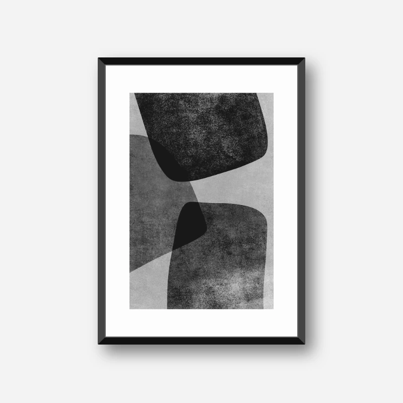Black and white monochromatic abstract shapes with concrete grunge effect art print