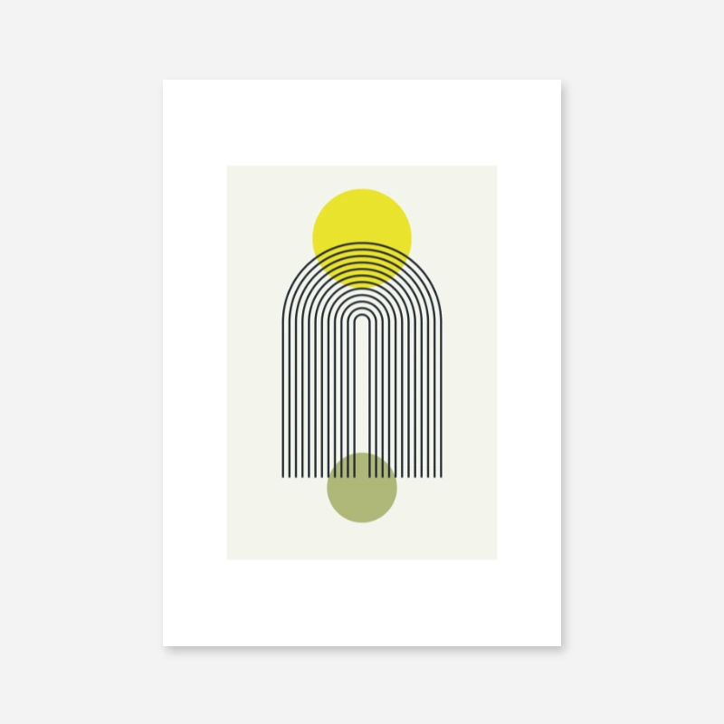 Mid-century modern fountain art print with alabaster titanuim yellow gunmetal and misty moss colours