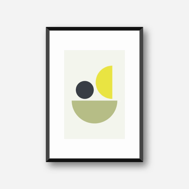 Mid-century modern abstract artwork with alabaster titanuim yellow gunmetal and misty moss colours
